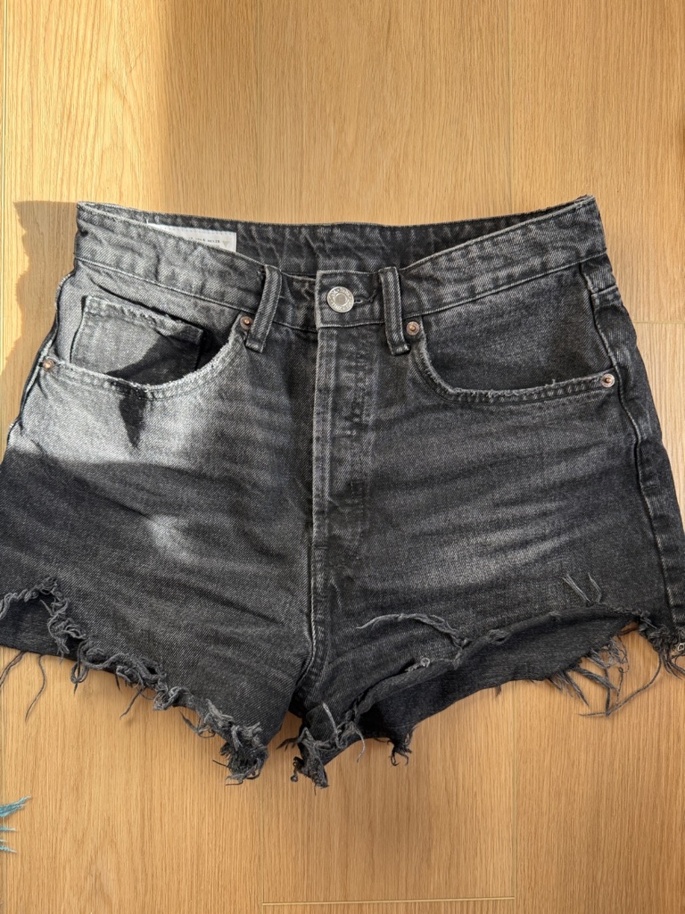 Zara Charcoal Black Distressed Denim Shorts